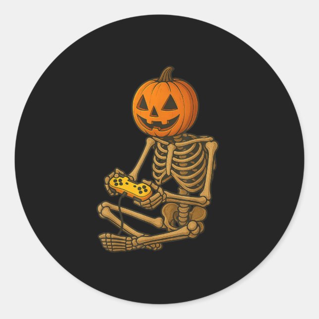 Halloween Skeleton Pumpkin Gamer Video Gaming Men  Classic Round Sticker (Front)