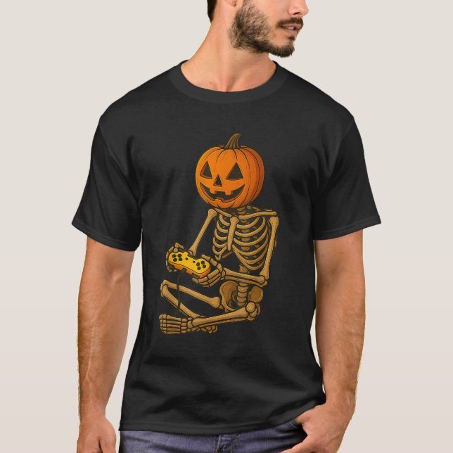 Halloween Skeleton Pumpkin Gamer Video Gaming Men  T-Shirt (Front)