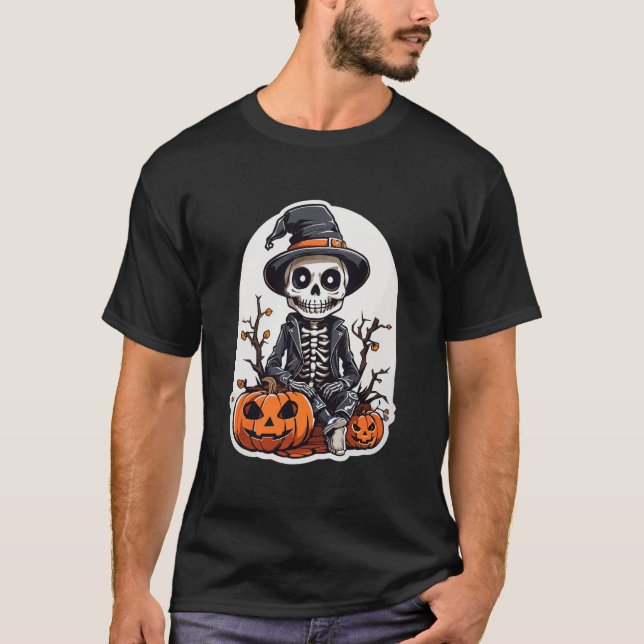 Halloween Skeleton Pumpkin Witch Art T-Shirt (Front)