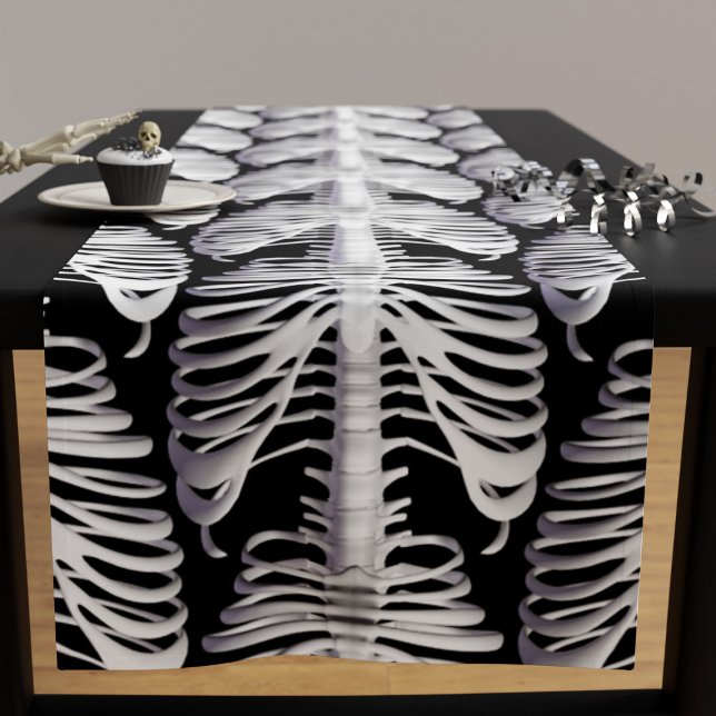 Halloween Skeleton Rib Cage Pattern Spooky Black Short Table Runner (This spooky table runner is the perfect way to add a touch of Halloween flair to your dining table. )