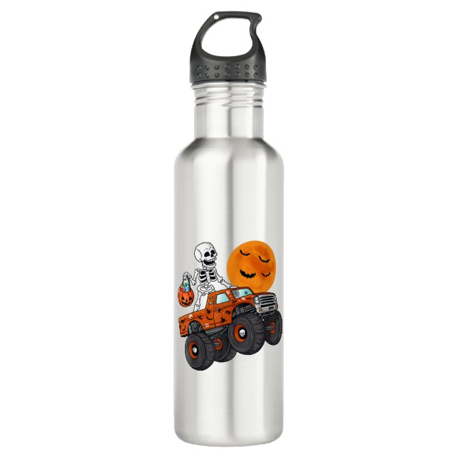 Halloween Skeleton Riding Monster Truck Stainless Steel Water Bottle (Front)