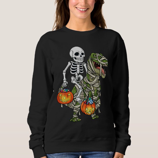 Halloween Skeleton Riding Mummy Dinosaur Rex  Pump Sweatshirt (Front)