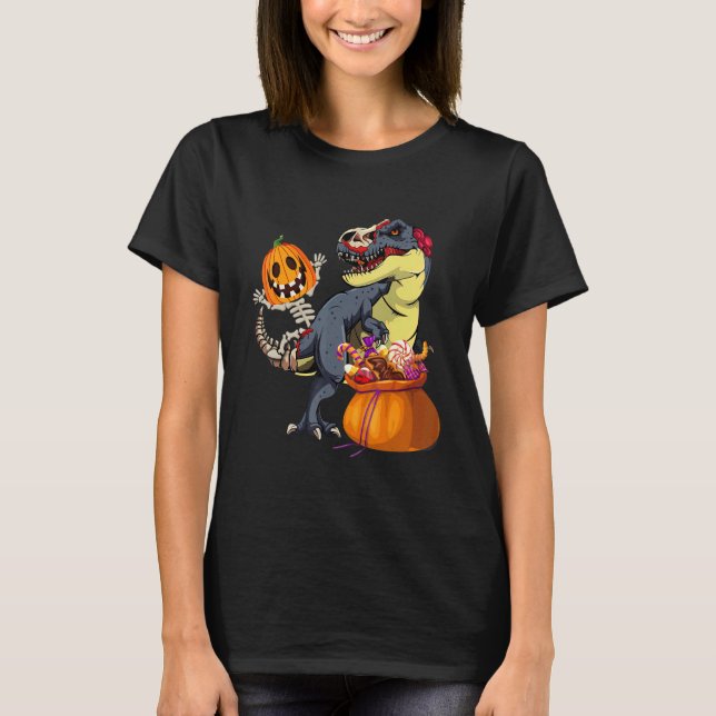 Halloween Skeleton Riding Mummy Dinosaur Rex  Pump T-Shirt (Front)
