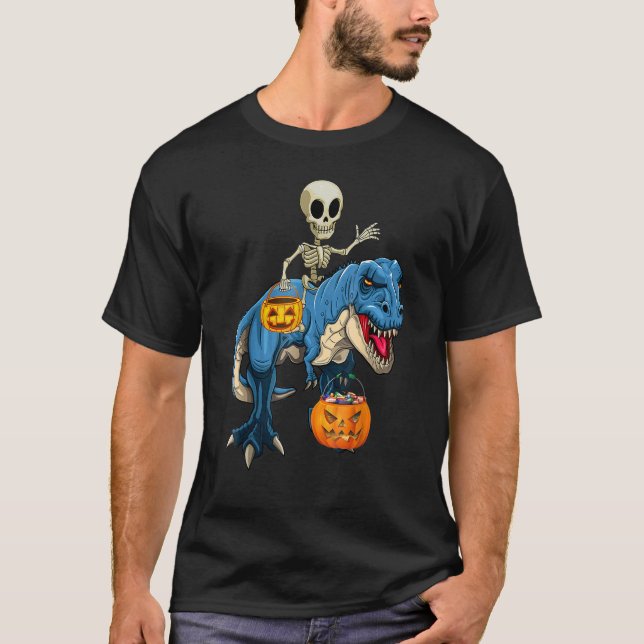 Halloween Skeleton Riding Mummy Dinosaur Rex  Pump T-Shirt (Front)