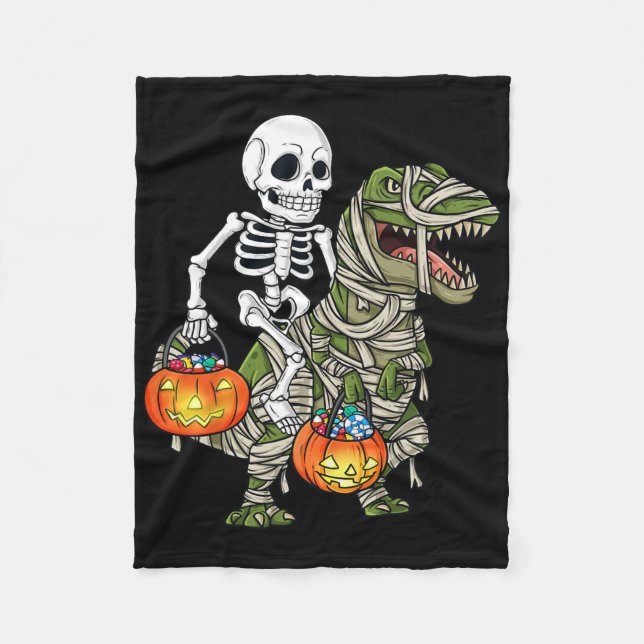 Halloween Skeleton Riding Mummy Dinosaur T Rex Fun Fleece Blanket (Front)