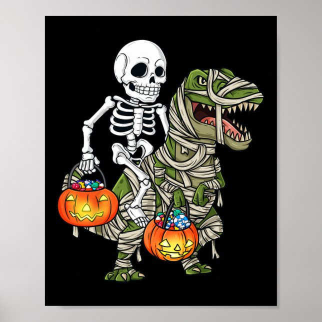 Halloween Skeleton Riding Mummy Dinosaur T Rex Fun Poster (Front)