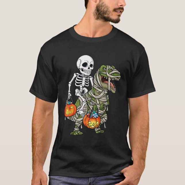 Halloween Skeleton Riding Mummy Dinosaur T Rex Fun T-Shirt (Front)