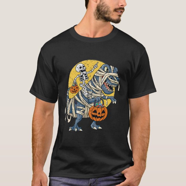 Halloween Skeleton Riding Mummy Dinosaur T rex Pum T-Shirt (Front)