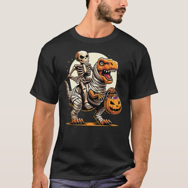 Halloween Skeleton Riding Mummy Dinosaur T-Shirt (Front)