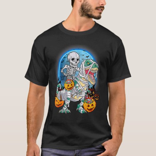 Halloween Skeleton Riding Mummy Dinosaurs rex Pump T_Shirt