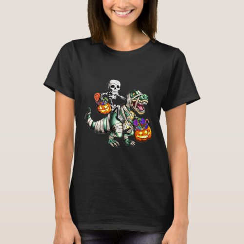 Halloween Skeleton Riding Scary Trex Pumpkin Lante T_Shirt