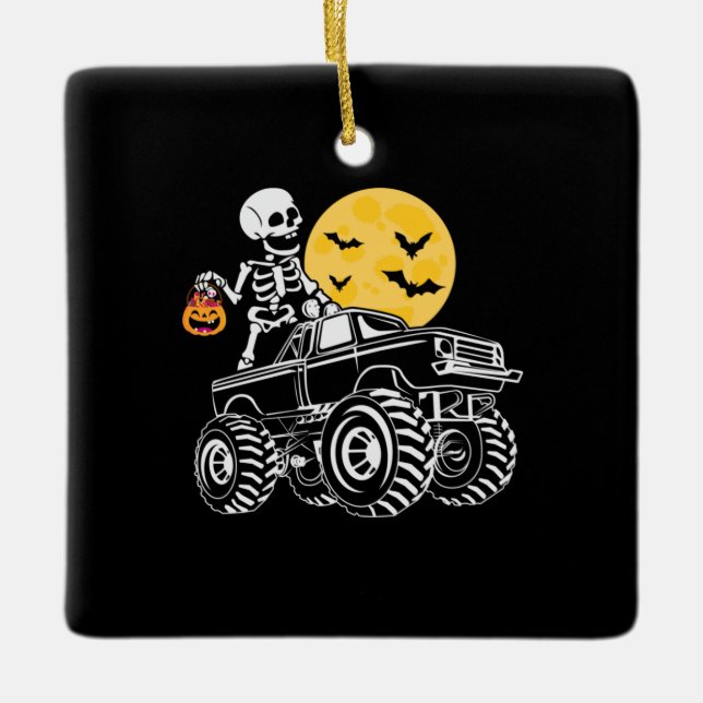Halloween Skeleton Riding Truck Birthday Ceramic Ornament (Front)