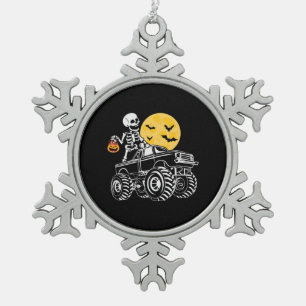 Halloween Skeleton Riding Truck Birthday Snowflake Pewter Christmas Ornament