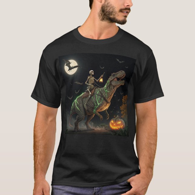 Halloween Skeleton Riding Wrapped Dinosaur Funny T T-Shirt (Front)