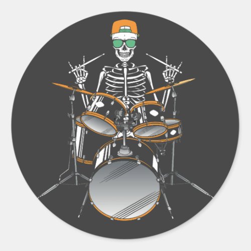 Halloween Skeleton Rock Hand Playing Drums Classic Round Sticker