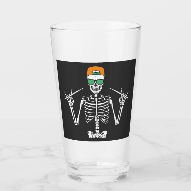 Halloween Skeleton Rock Hand Playing Drums Drinkin Glass (Front)
