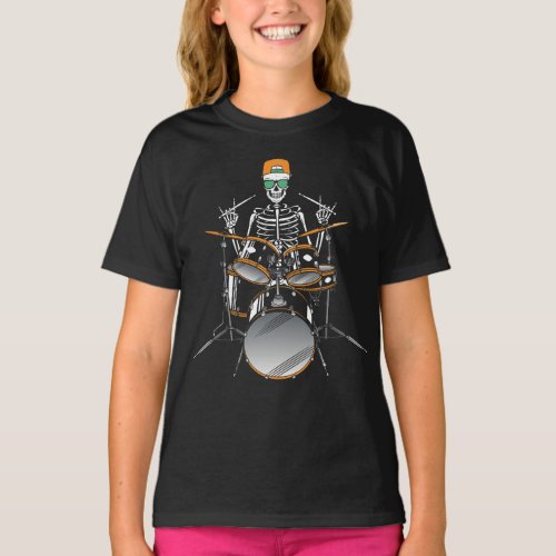 Halloween Skeleton Rock Hand Playing Drums Girl T_Shirt