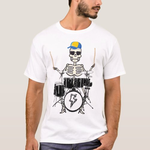 Halloween Skeleton Rock Hand Playing Drums Men T_Shirt