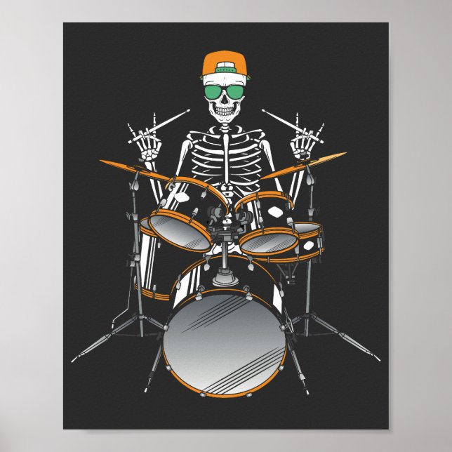 Halloween Skeleton Rock Hand Playing Drums Poster (Front)