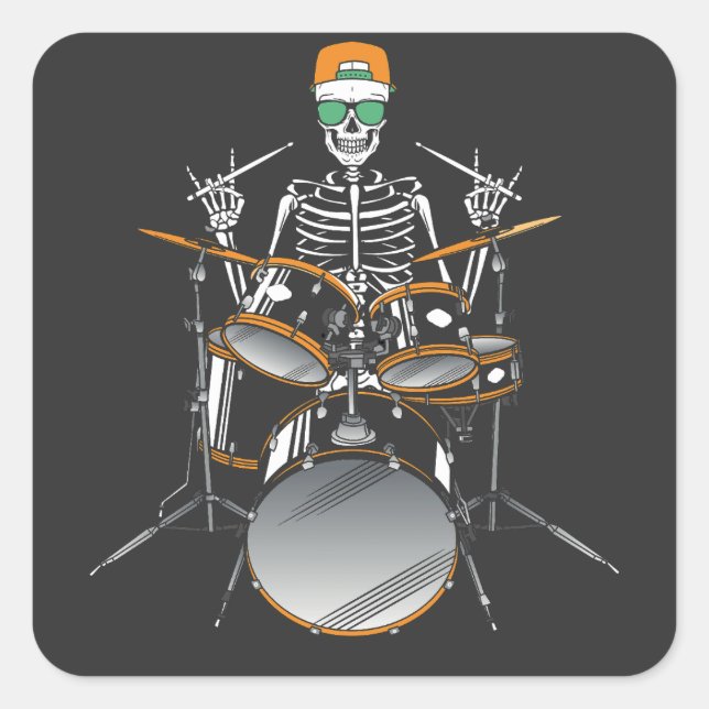 Halloween Skeleton Rock Hand Playing Drums Square Sticker (Front)