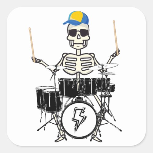 Halloween Skeleton Rock Hand Playing Drums Square Sticker