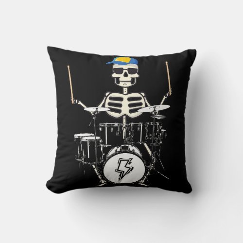 Halloween Skeleton Rock Hand Playing Drums Throw Pillow