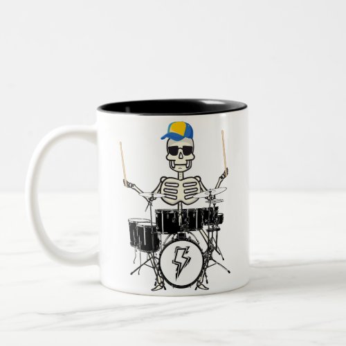 Halloween Skeleton Rock Hand Playing Drums Two_Tone Coffee Mug