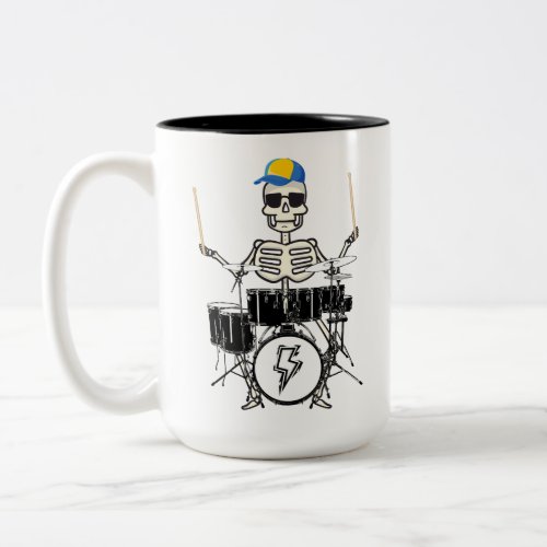 Halloween Skeleton Rock Hand Playing Drums Two_Tone Coffee Mug