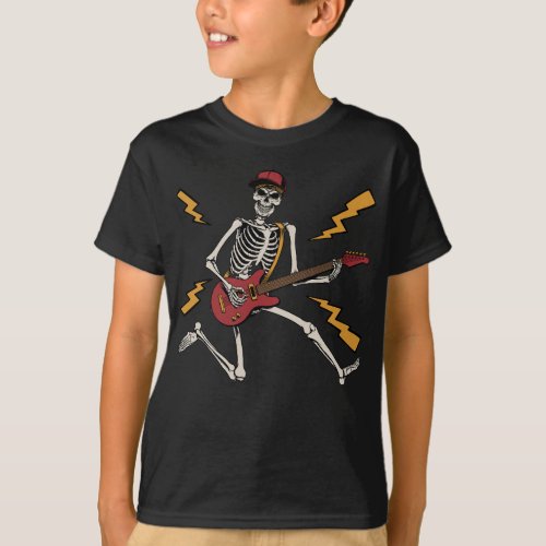 Halloween Skeleton Rock Hand Playing Guitar Boy T_Shirt