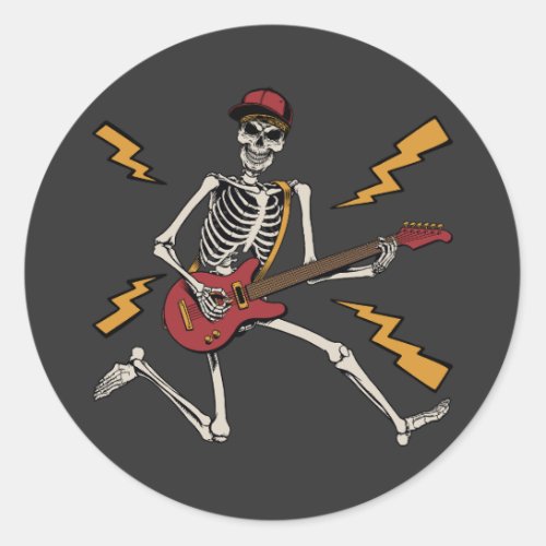 Halloween Skeleton Rock Hand Playing Guitar Classic Round Sticker