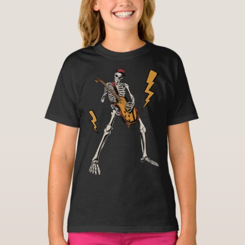 Halloween Skeleton Rock Hand Playing Guitar Girl T_Shirt
