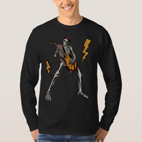 Halloween Skeleton Rock Hand Playing Guitar Men LS T_Shirt