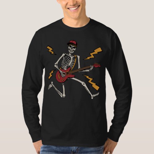 Halloween Skeleton Rock Hand Playing Guitar Men LS T_Shirt