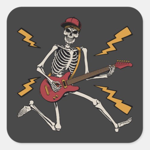 Halloween Skeleton Rock Hand Playing Guitar Square Sticker