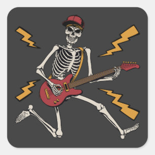 Halloween Skeleton Rock Hand Playing Guitar Square Sticker