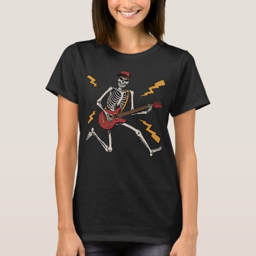Halloween Skeleton Rock Hand Playing Guitar Women T_Shirt