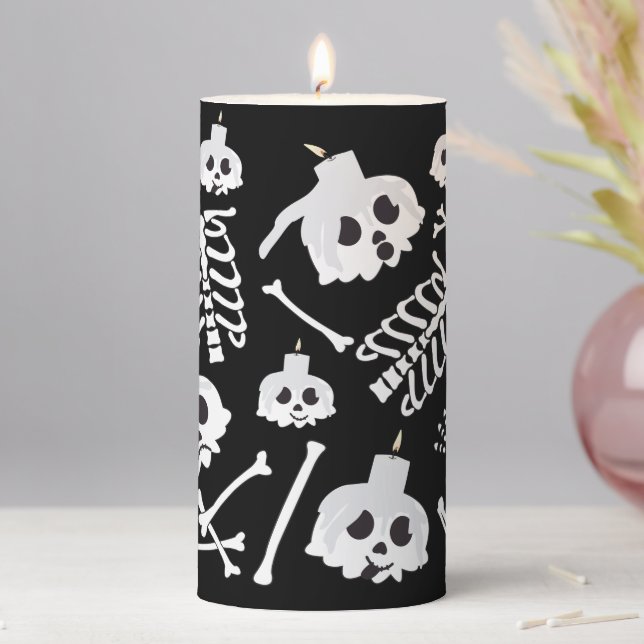 Halloween Skeleton Skull Bones Pillar Candle (In Situ)