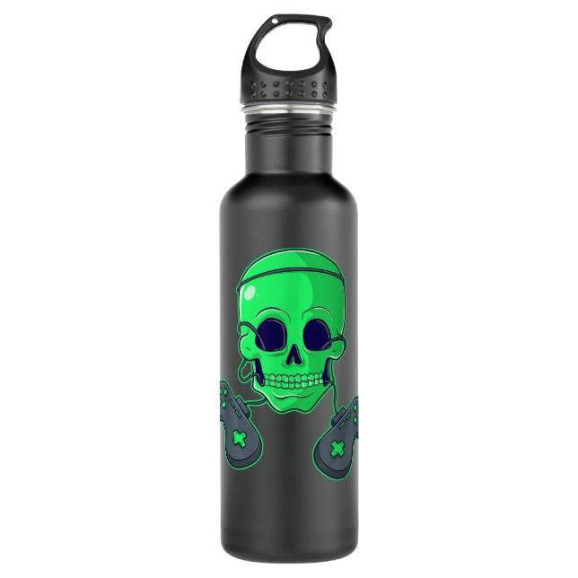 Halloween Skeleton Skull Crossbones Video Gamer Bo Stainless Steel Water Bottle (Front)