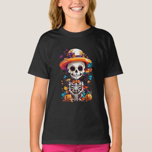Halloween Skeleton Skull Flowers Girl T_Shirt