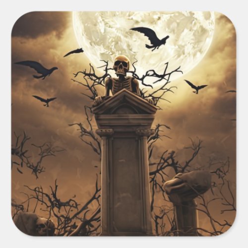 Halloween Skeleton Skull Graveyard Cemetery Gothic Square Sticker