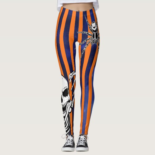 Halloween Skeleton Spider Orange Purple Striped Leggings