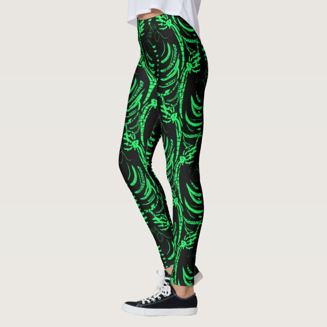 Halloween Skeleton Spooky Doodle Pattern Neon Leggings (Left)