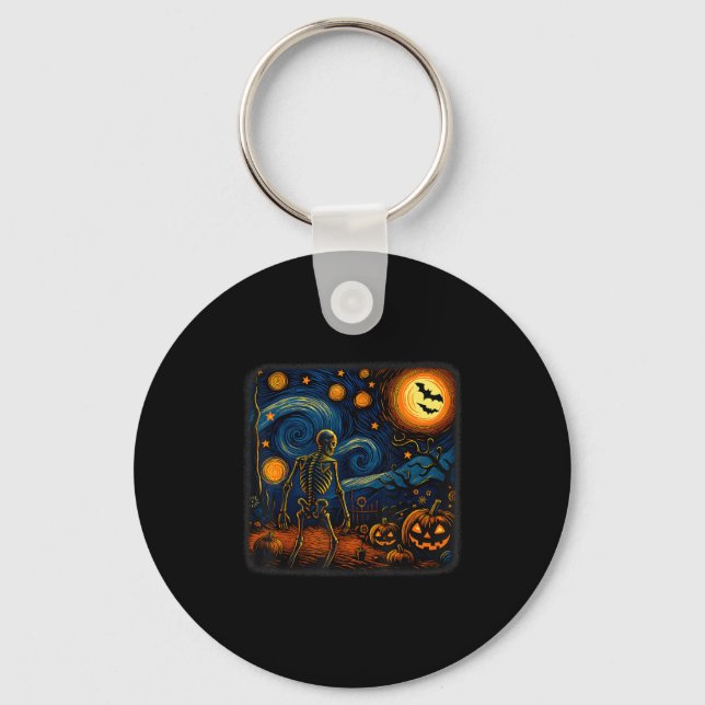 Halloween Skeleton Starry Night Van Gogh Pumpkin M Keychain (Front)