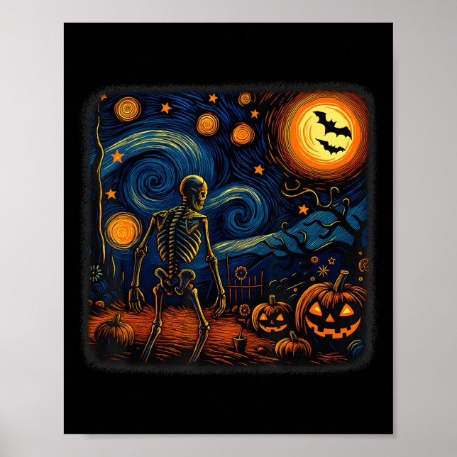 Halloween Skeleton Starry Night Van Gogh Pumpkin M Poster (Front)