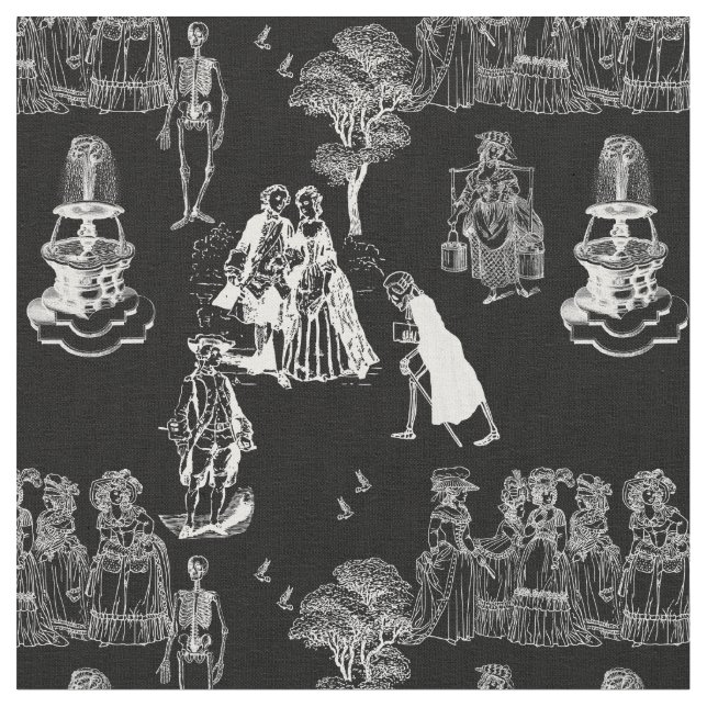 halloween skeleton toile rococo antique skull  fabric (Close Up)