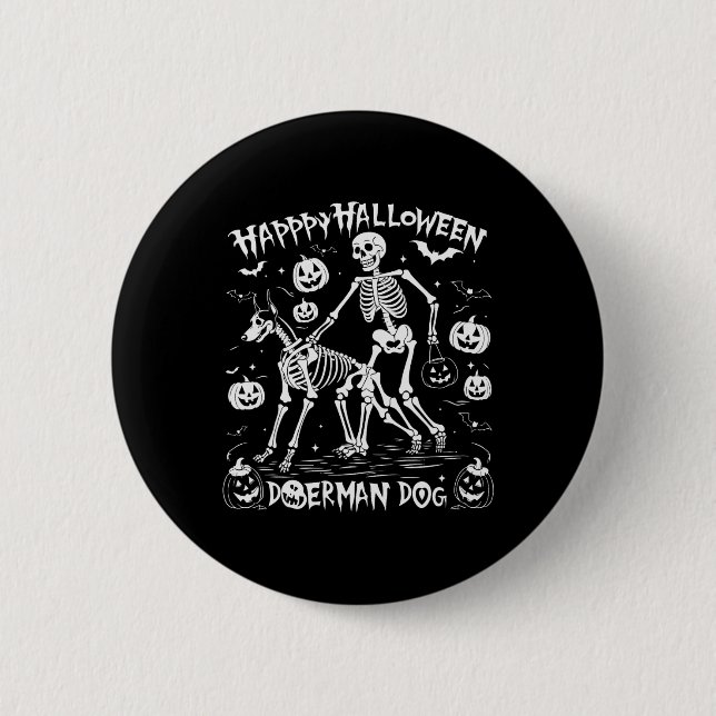 Halloween Skeleton Walking Doberman Dog  Button (Front)