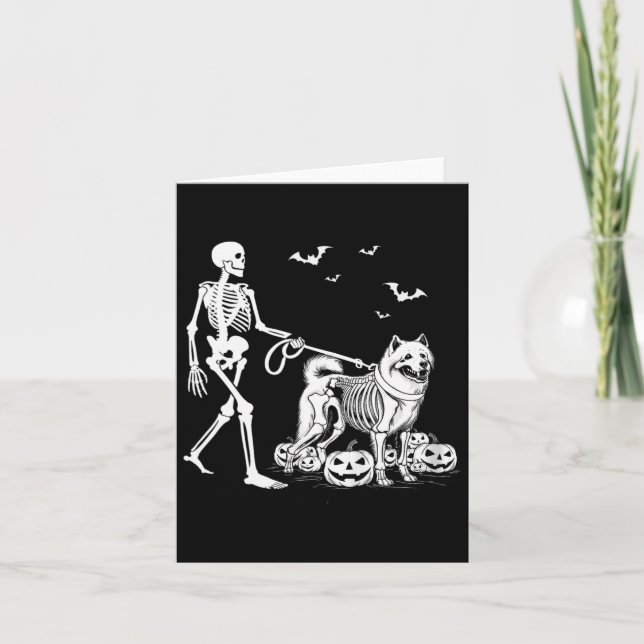 Halloween Skeleton Walking Samoyed Dog  Card (Front)