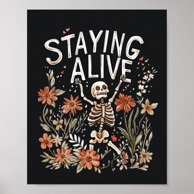 Halloween Skeleton Watercolor Floral Poster  (Front)