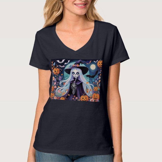 Halloween Skeleton Witch Flowers Pumpkin & Bats T-Shirt (Front)