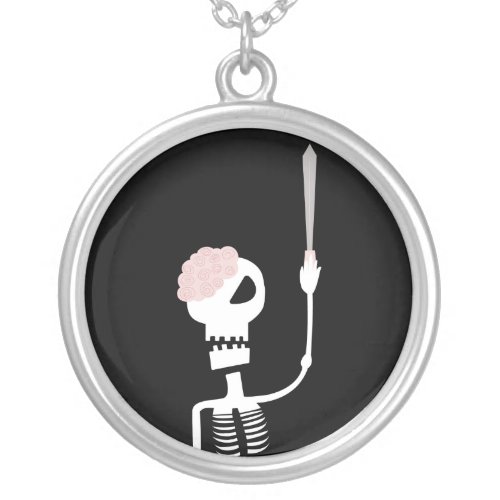 Halloween skeleton with a sword  silver plated necklace